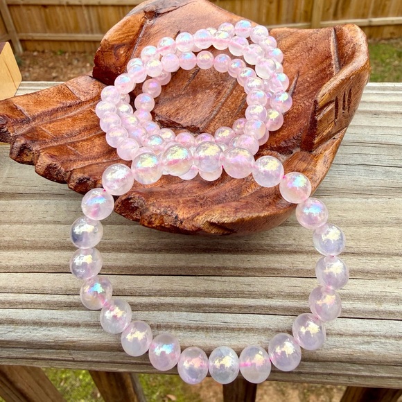 Jewelry - Angel Aura Iridescent Pink Rose Quartz Gemstone Crystal Bracelet